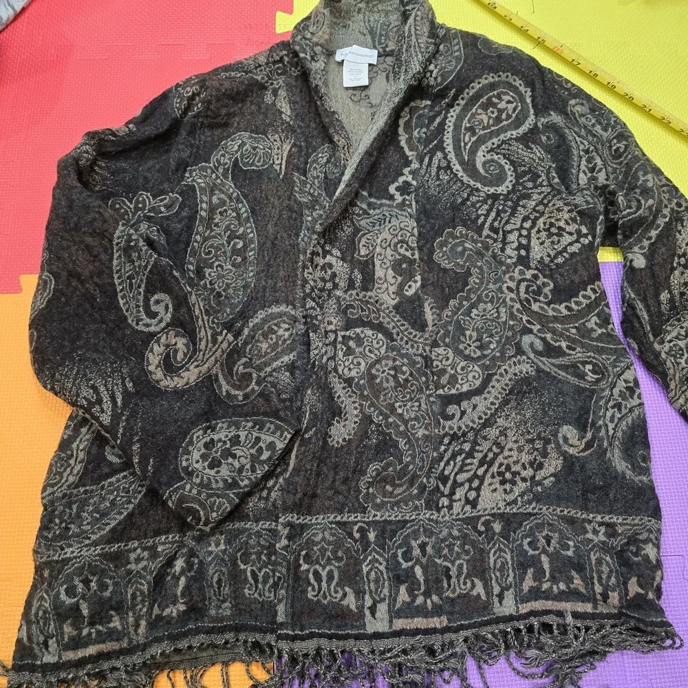 Soft Surroundings 100% Wool‎ Paisley Cardigan Sweater Women's 1X Boho Fringe...